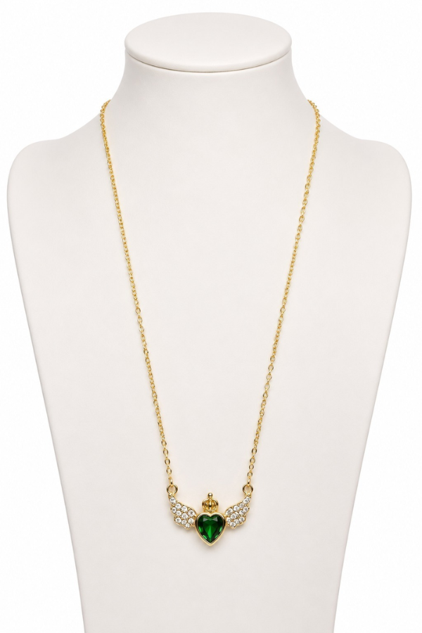 Emerald Heart Wings Stainless Steel Necklace