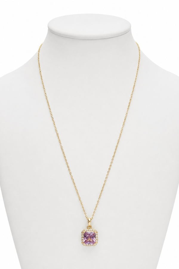 Pink Crystal Square Stainless Steel Necklace