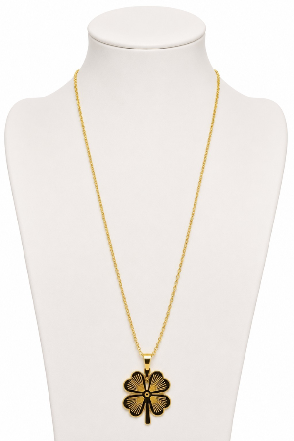 Black Enamel Four-Leaf Clover Stainless Steel Necklace